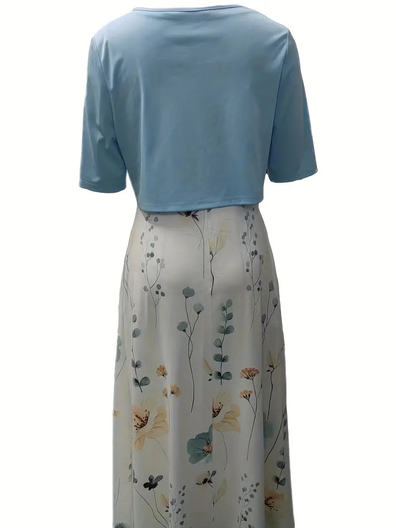 Stylish Two-Piece Floral Dress Set with Solid Crop Top and Round Neckline