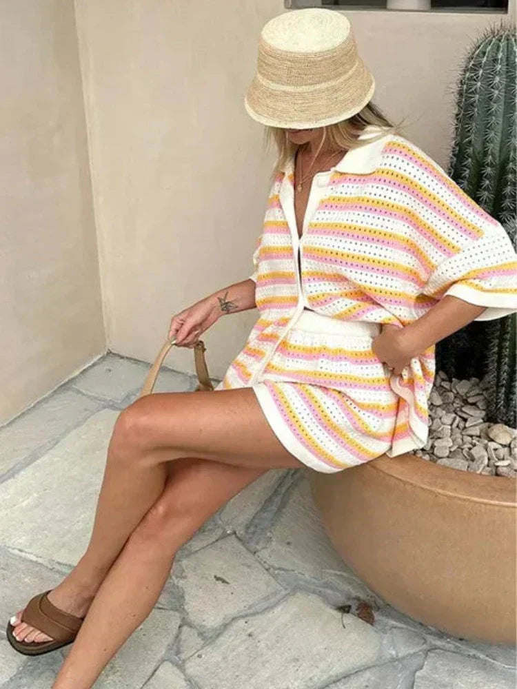 Women's Two-Piece Knit Set with Striped Contrast